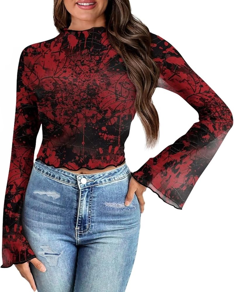 Amazon.com: Irisjudy Bloodstain Splash Sheer Mesh Tops for Women